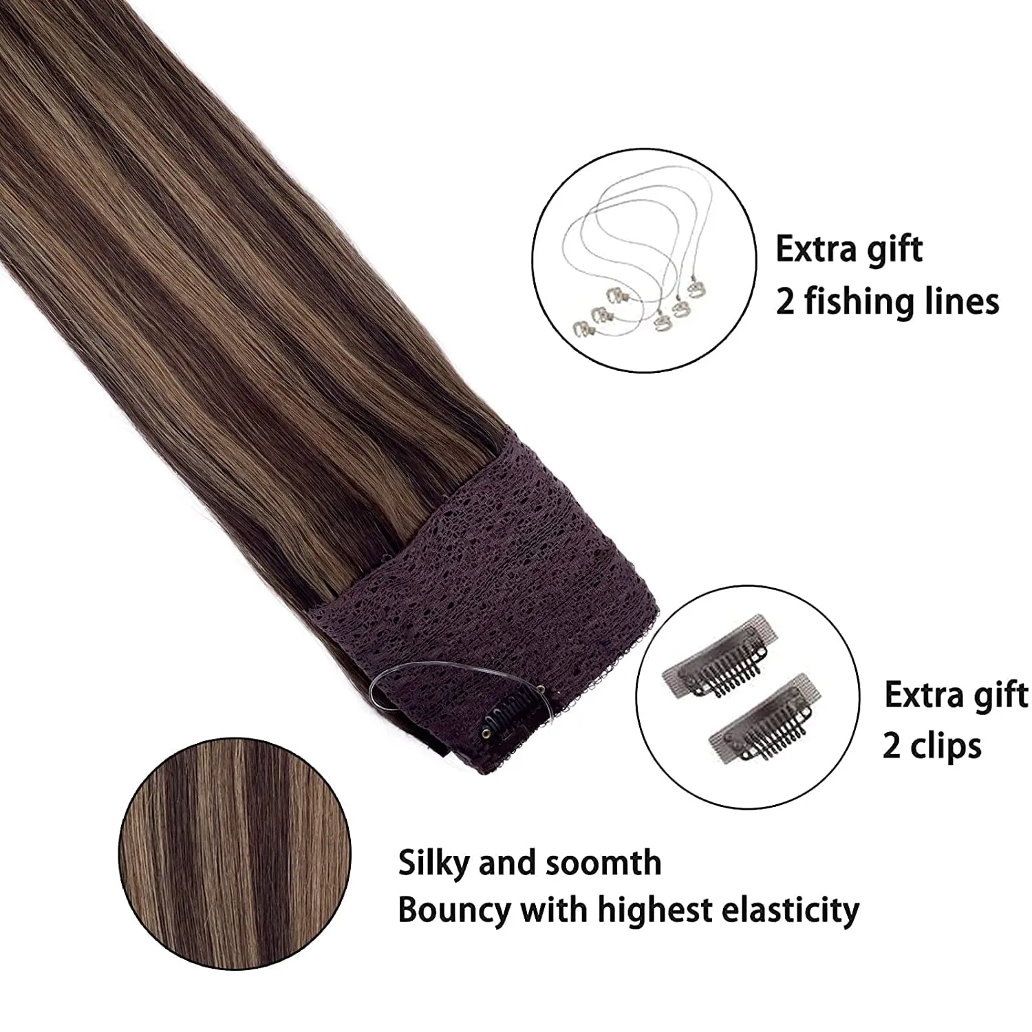 Human Hair Wire Hair Extensions, Fish Line Hair Extensions, Ombre Wire Hair Extensions, 14Inch 70g Balayage Dark Brown to Ash Brown Highlighted Clip in with Invisible Fish Line