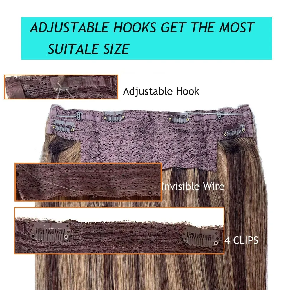 Human Hair Wire Hair Extensions, Fish Line Hair Extensions, Ombre Wire Hair Extensions, 14Inch 70g Balayage Dark Brown to Ash Brown Highlighted Clip in with Invisible Fish Line