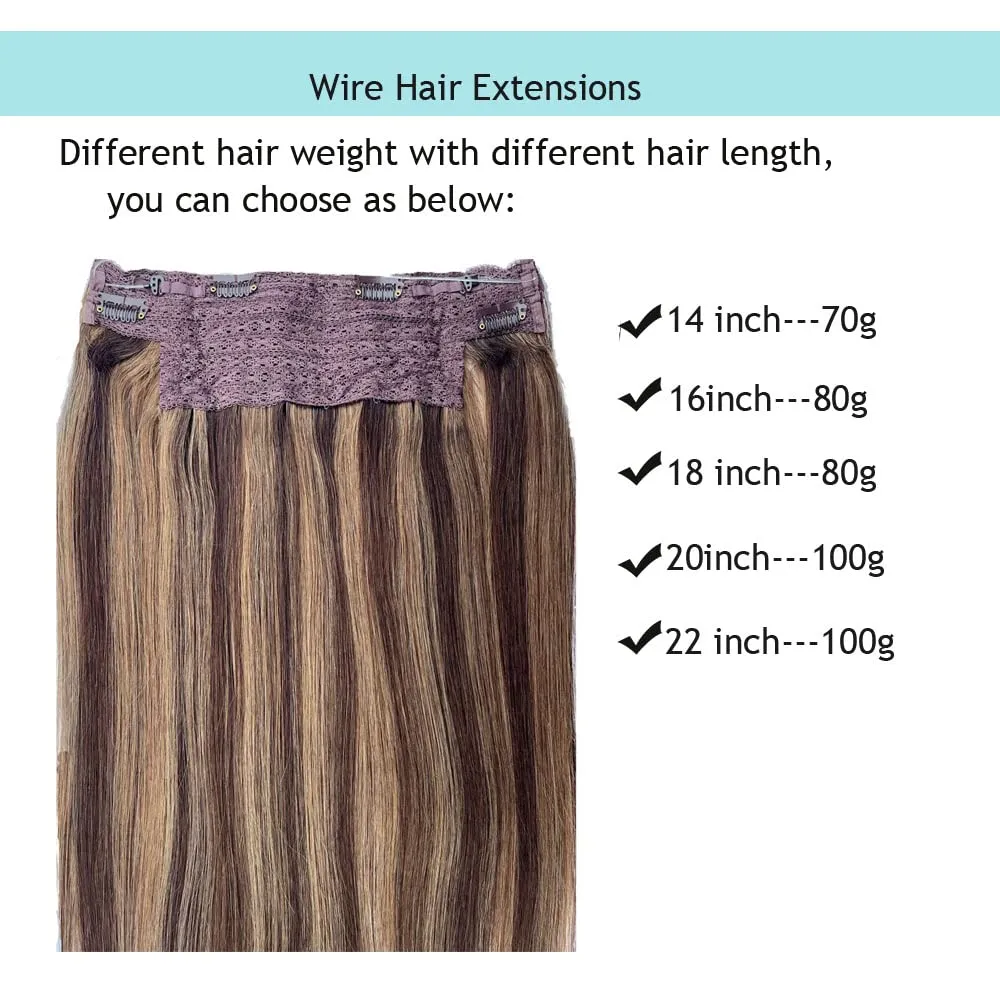 Human Hair Wire Hair Extensions, Fish Line Hair Extensions, Ombre Wire Hair Extensions, 14Inch 70g Balayage Dark Brown to Ash Brown Highlighted Clip in with Invisible Fish Line