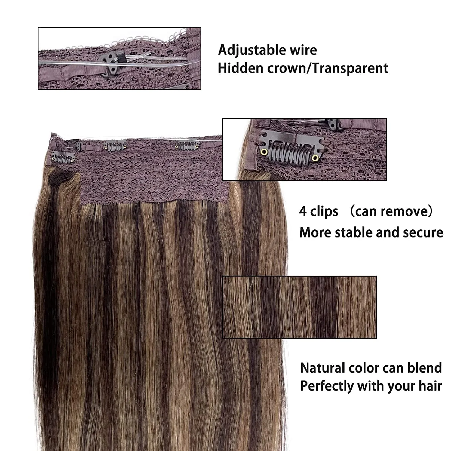 Human Hair Wire Hair Extensions, Fish Line Hair Extensions, Ombre Wire Hair Extensions, 14Inch 70g Balayage Dark Brown to Ash Brown Highlighted Clip in with Invisible Fish Line