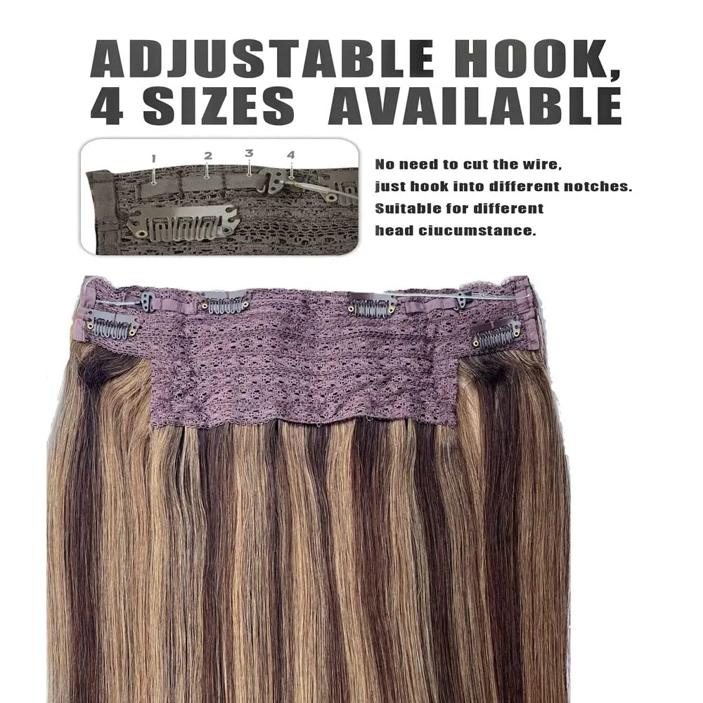 Human Hair Wire Hair Extensions, Fish Line Hair Extensions, Ombre Wire Hair Extensions, 14Inch 70g Balayage Dark Brown to Ash Brown Highlighted Clip in with Invisible Fish Line