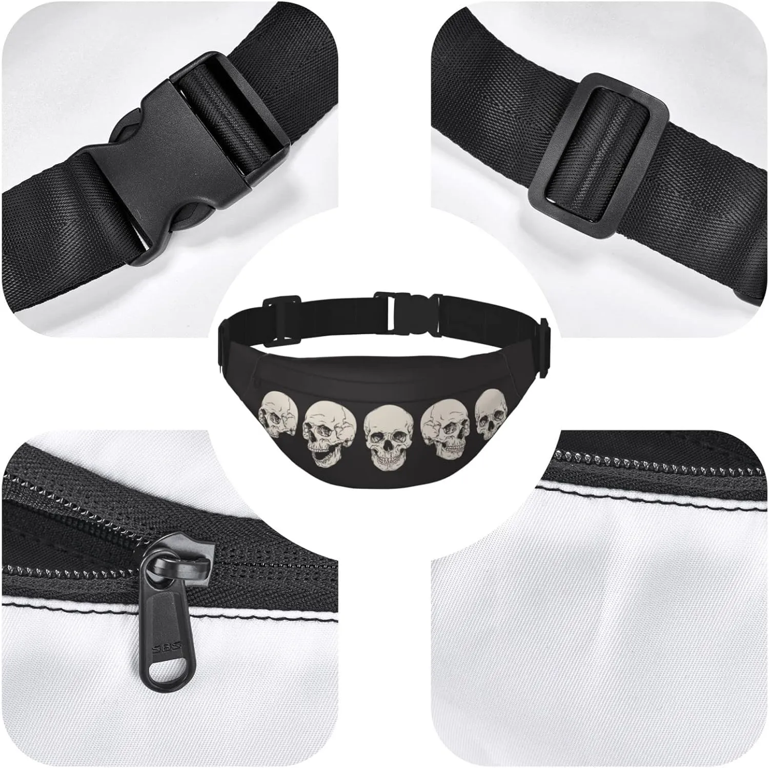 Human Skull Large Crossbody Fanny Pack Belt Bag With 3 Zipper Pockets, Gifts For Sports Festival Workout Traveling Running Casual Hands Free Waist Pack Wallets Phone Bag