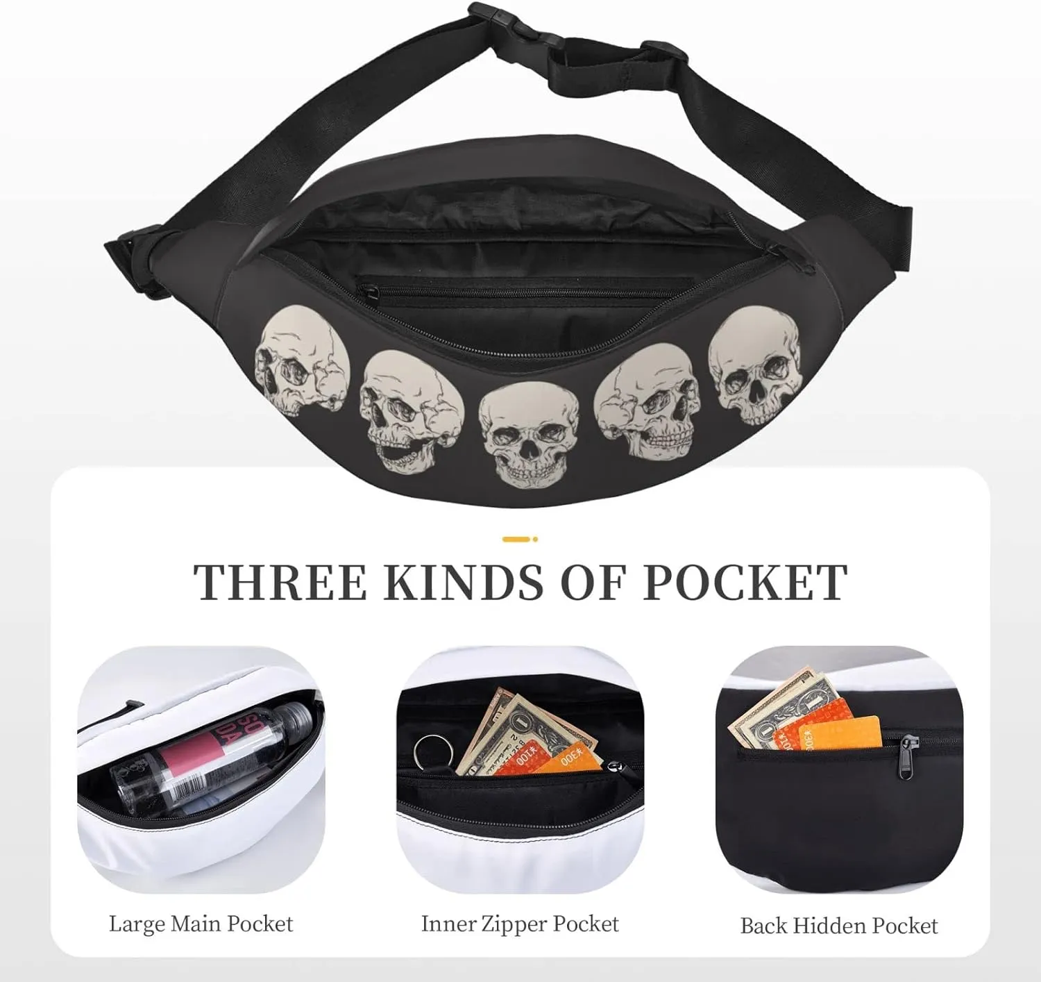 Human Skull Large Crossbody Fanny Pack Belt Bag With 3 Zipper Pockets, Gifts For Sports Festival Workout Traveling Running Casual Hands Free Waist Pack Wallets Phone Bag