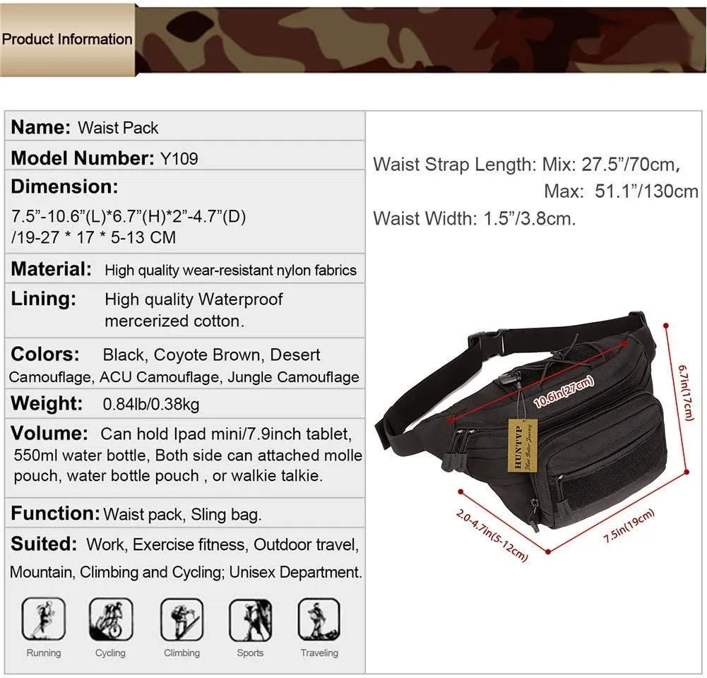 Huntvp Military Fanny Pack Tactical Waist Bag Pack Water-resistant Hip Belt Bag Pouch for Hiking Climbing Bumbag