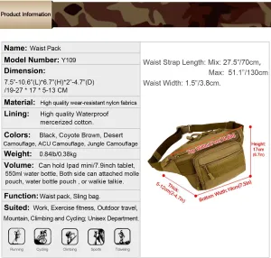 Huntvp Military Fanny Pack Tactical Waist Bag Pack Water-resistant Hip Belt Bag Pouch for Hiking Climbing Bumbag
