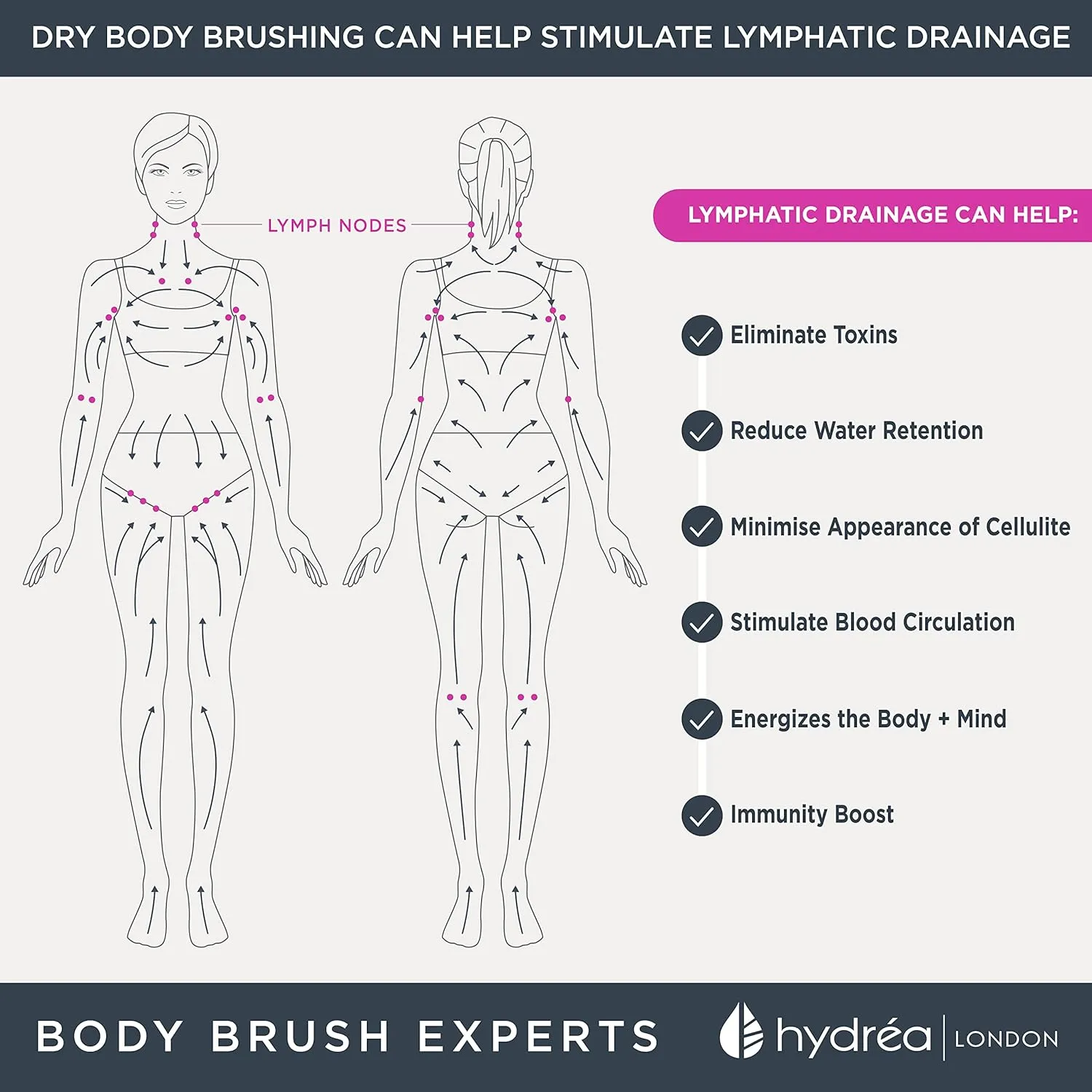 Hydrea London Dry Body Brush Long Handled Exfoliating Skin Brush with Vegan Cactus Bristle, Dry Brush Cellulite Remover, Exfoliating Body Scrubber, Improve Lymphatic Drainage FSC® Certified Beechwood.