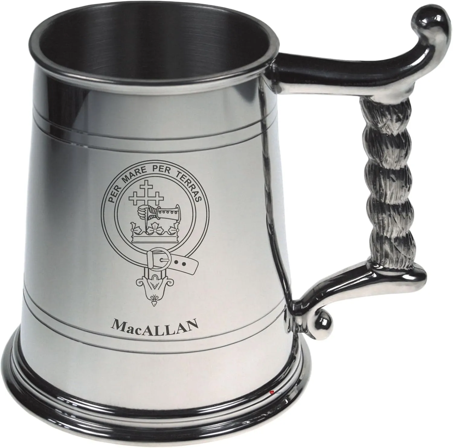 I LUV LTD MacAllan Crest Tankard with Rope Handle in Polished Pewter 1 Pint Capacity