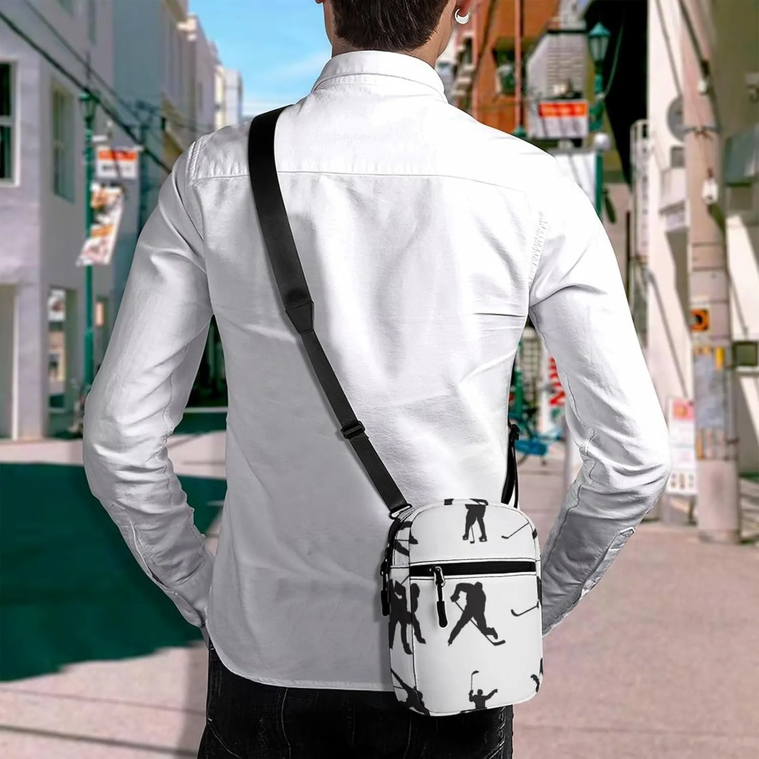 Ice Hockey Player Doing Different Actions Adjustable Fanny Waist Pack Pouch, Waterproof Crossbody Runners Bag Wallet for Gym Hiking Fitness Women Men 6.1 x 2.2 x 7.9 inch