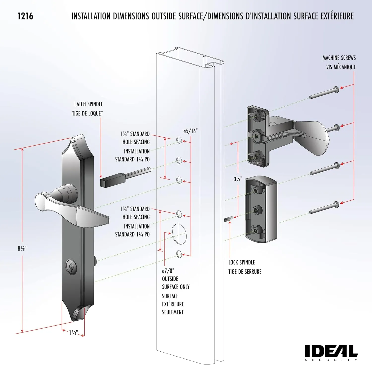 Ideal Security 1216 Surface Mount Storm Door Handle with Lock and Key for 1 – 1 ½ inches Thick Doors (Bright Brass, 4-Posts)