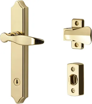 Ideal Security 1216 Surface Mount Storm Door Handle with Lock and Key for 1 – 1 ½ inches Thick Doors (Bright Brass, 4-Posts)