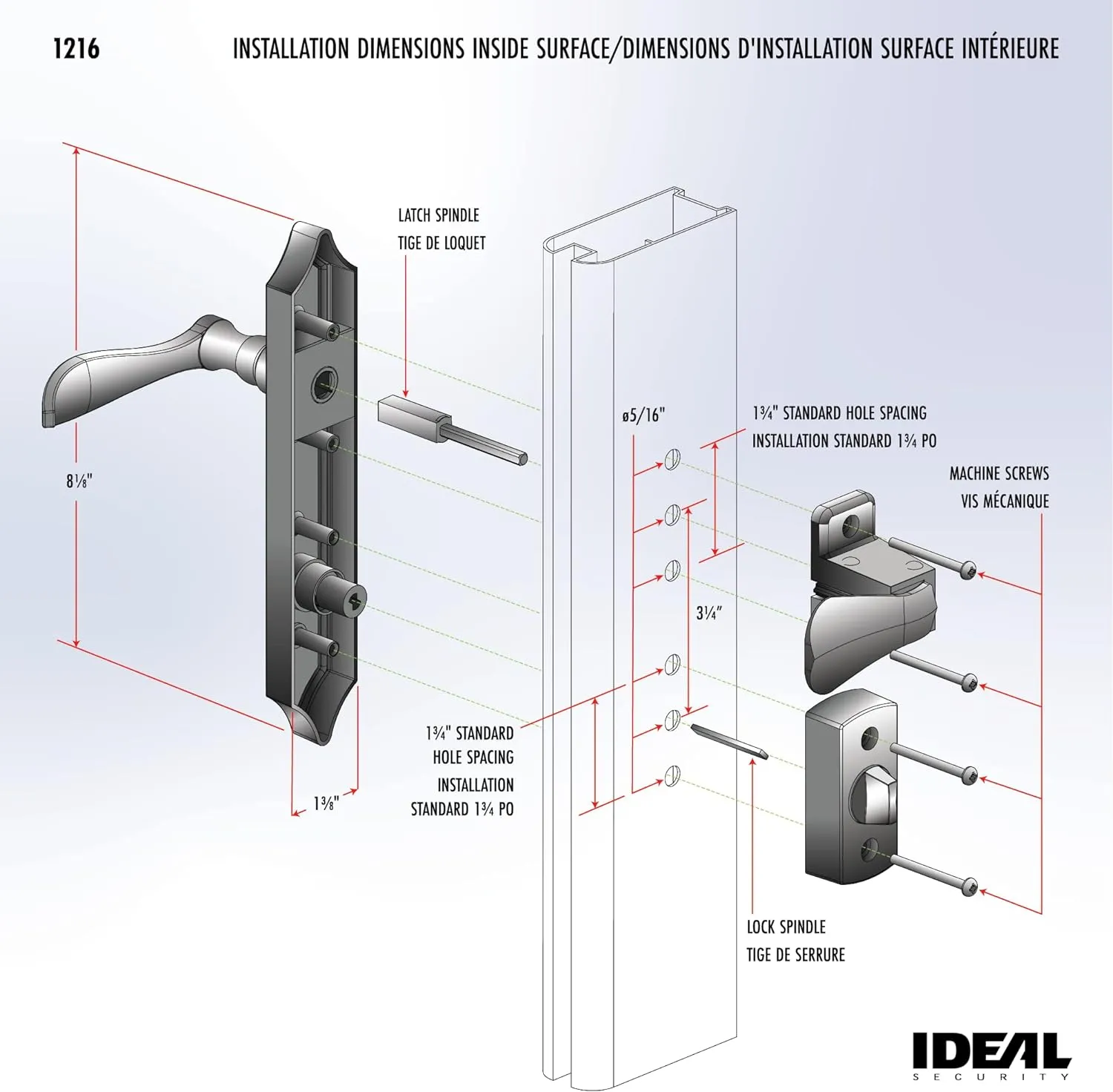Ideal Security 1216 Surface Mount Storm Door Handle with Lock and Key for 1 – 1 ½ inches Thick Doors (Bright Brass, 4-Posts)