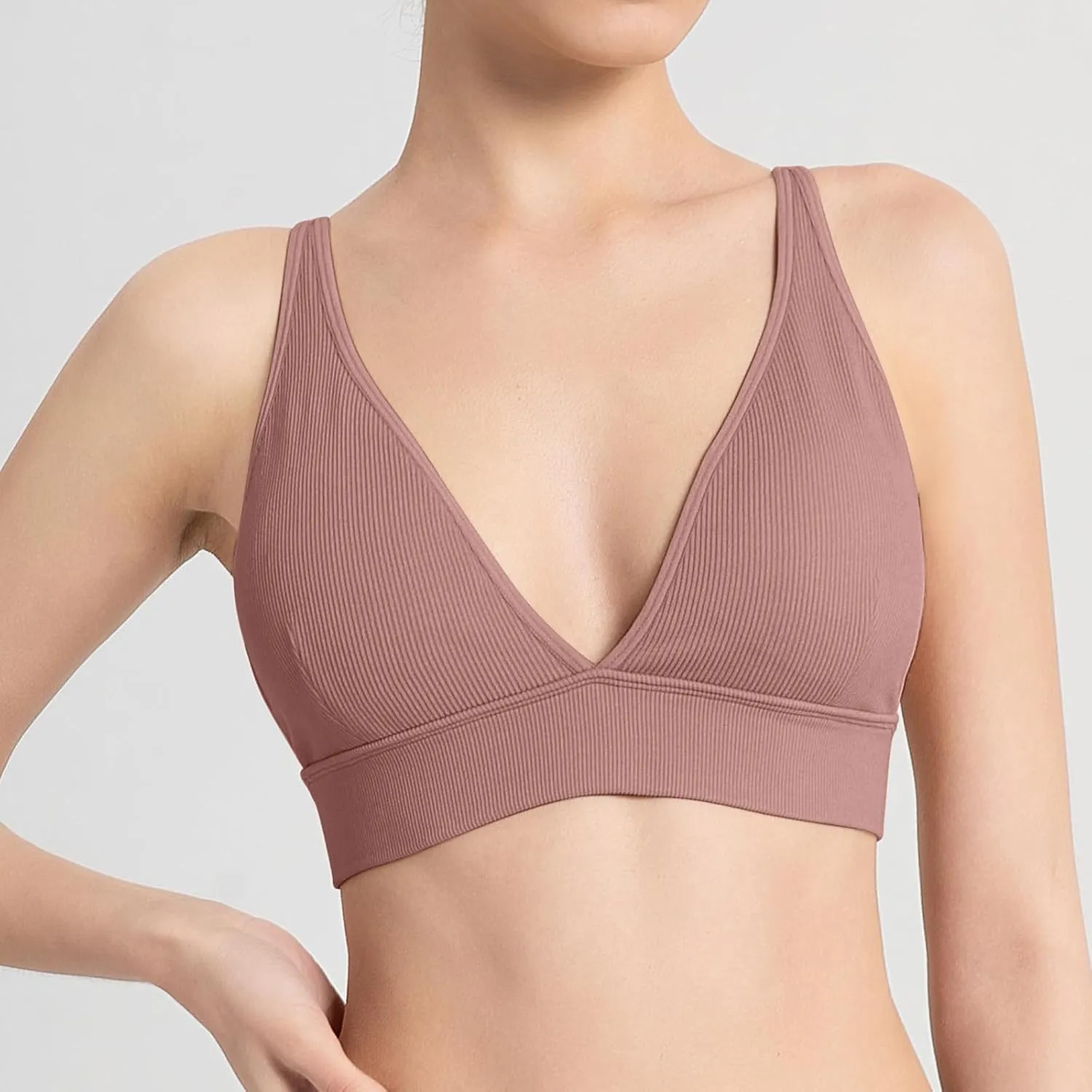 INIBUD Bralette for Women Summer Yoga Sports Ribbed Plunge Cami Bra Seamless V Neck Triangle Comfy