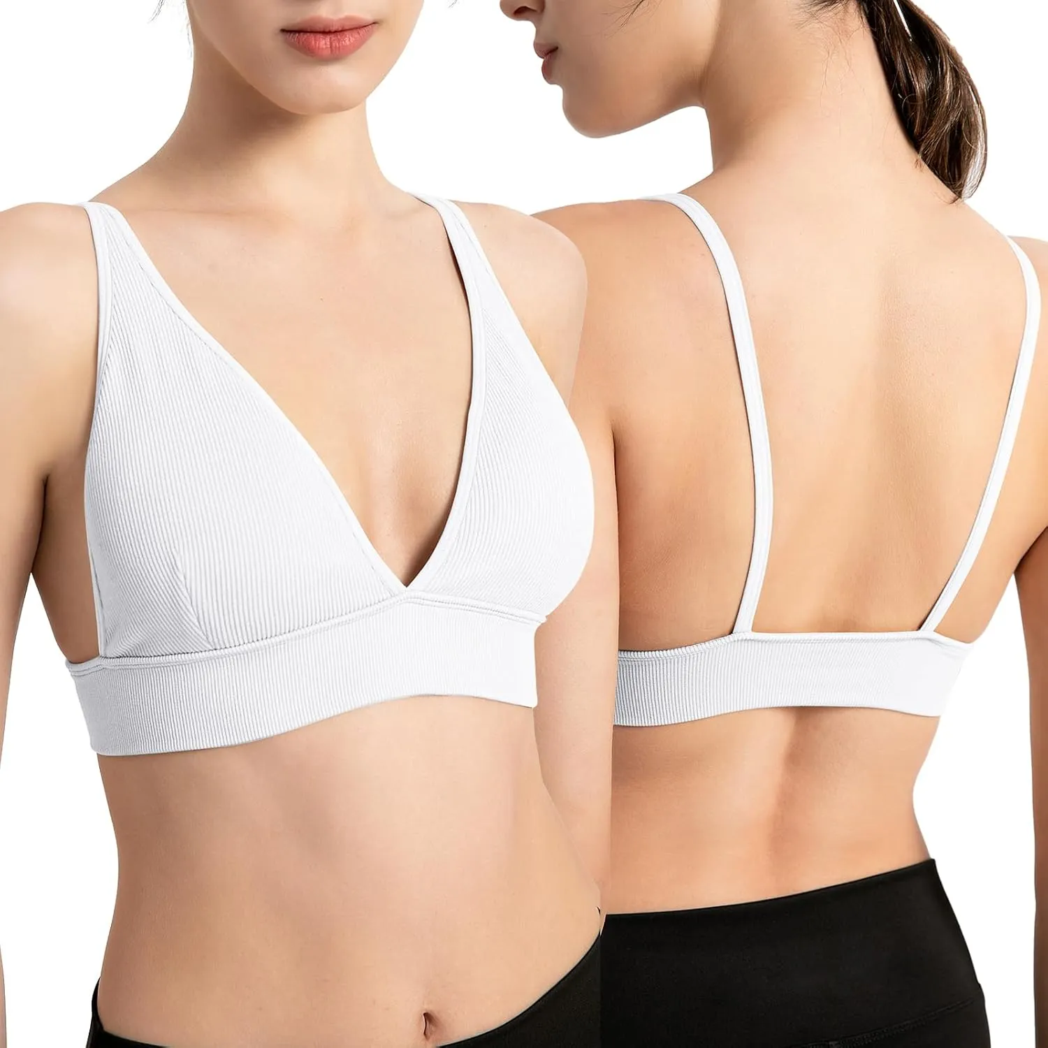 INIBUD Bralette for Women Summer Yoga Sports Ribbed Plunge Cami Bra Seamless V Neck Triangle Comfy