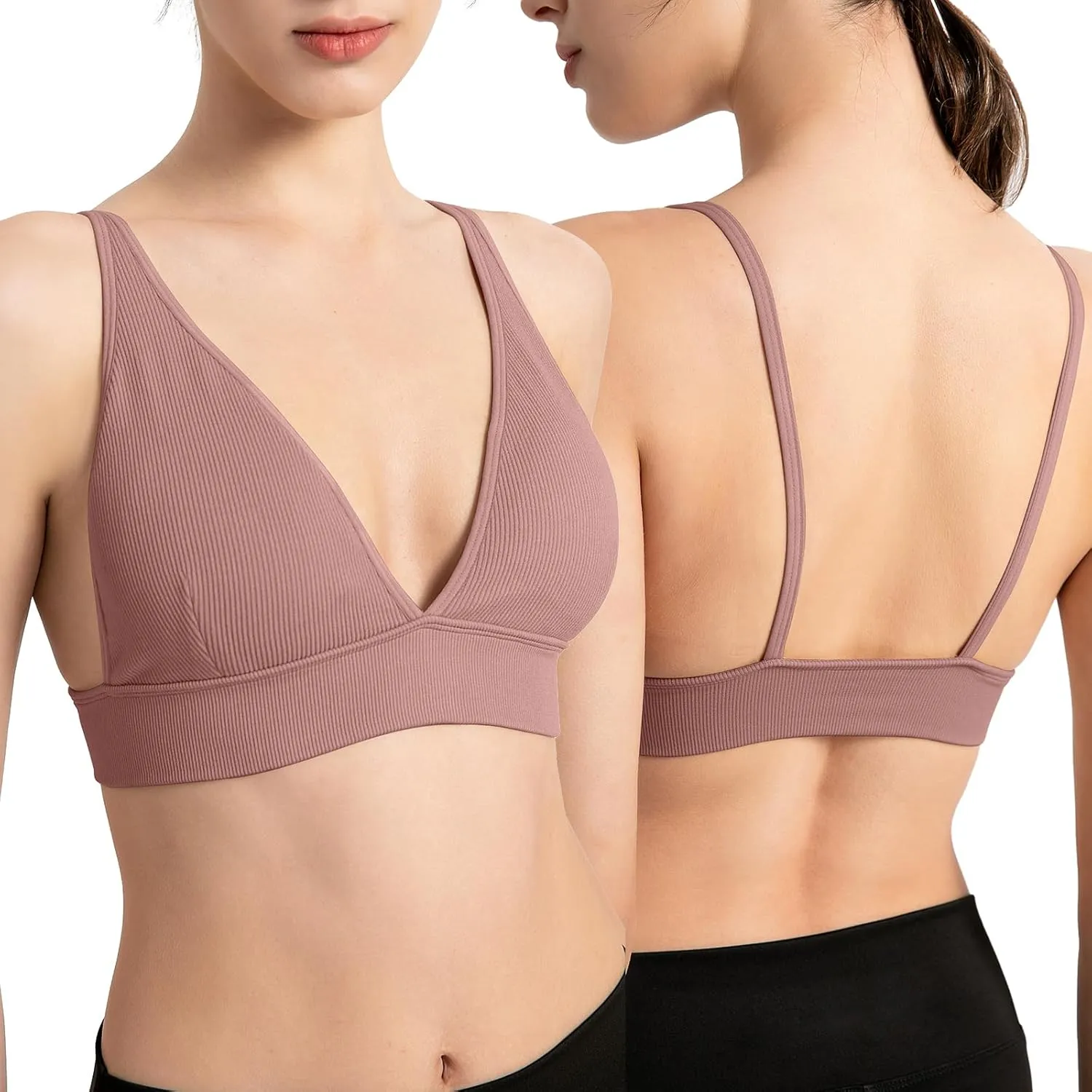 INIBUD Bralette for Women Summer Yoga Sports Ribbed Plunge Cami Bra Seamless V Neck Triangle Comfy