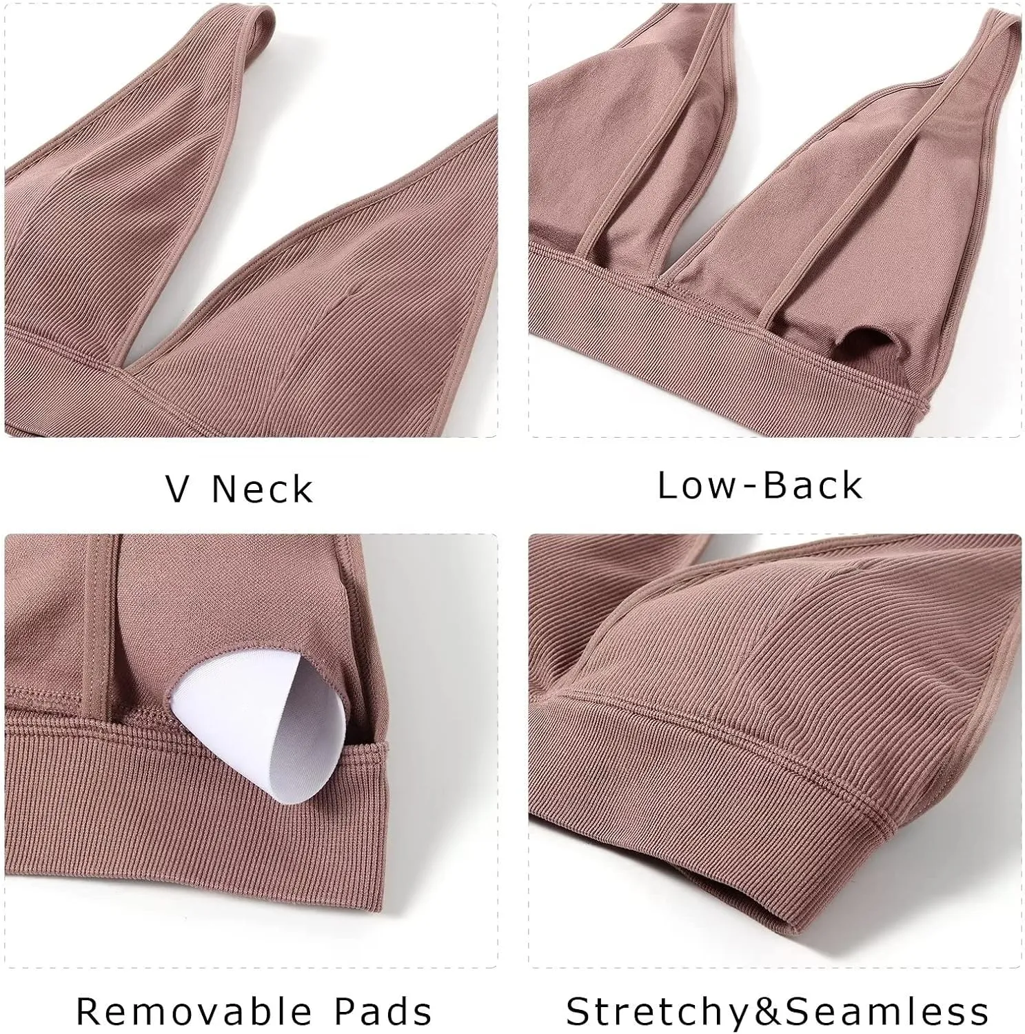 INIBUD Bralette for Women Summer Yoga Sports Ribbed Plunge Cami Bra Seamless V Neck Triangle Comfy