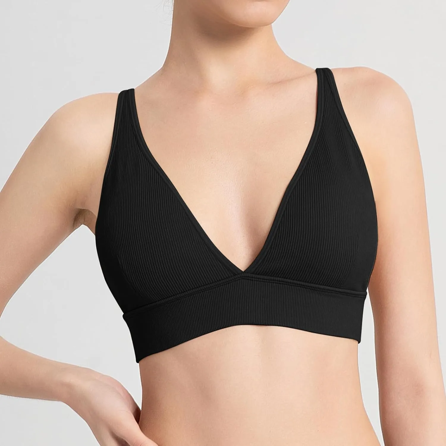 INIBUD Bralette for Women Summer Yoga Sports Ribbed Plunge Cami Bra Seamless V Neck Triangle Comfy