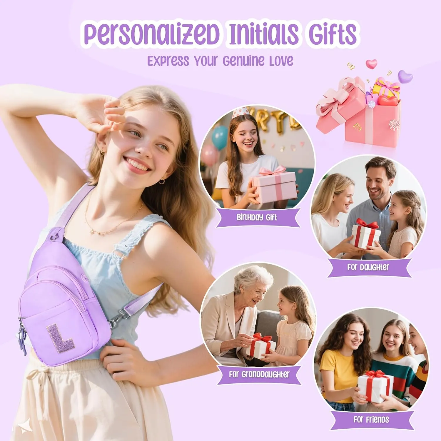 Initial Fanny Pack for Teen Girls Cute Crossbody Bag Sling Purse Personalized Gift for Tween Girl Kids 6-14 Years Old