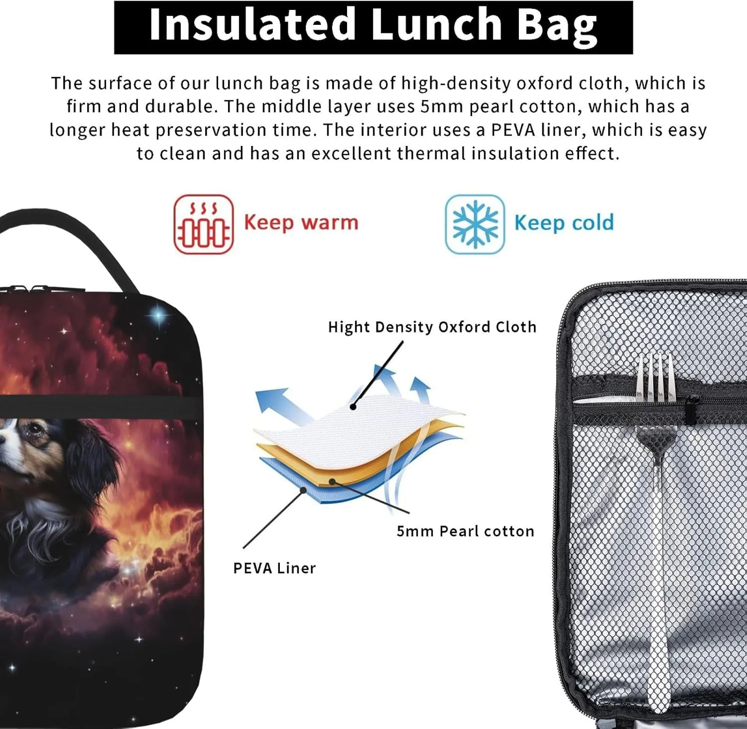 Insulated Lunch Bag for Women Men Portable Reusable Lunch Box There is a dog in the middle of the interstellar nebula Lunch Tote Bag for Work Picnic Travel