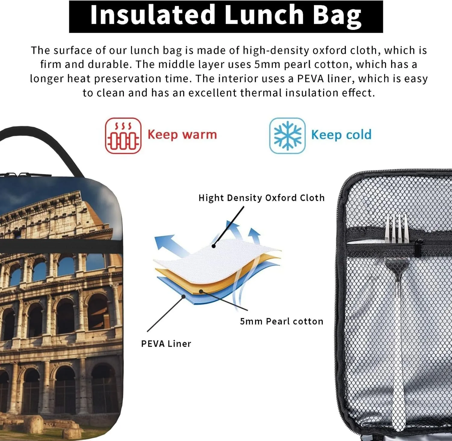 Insulated Lunch Bag Lunch Box for Women Ancient architecture Lunch Box with Side Pocket Durable Reusable Lunch Tote bag