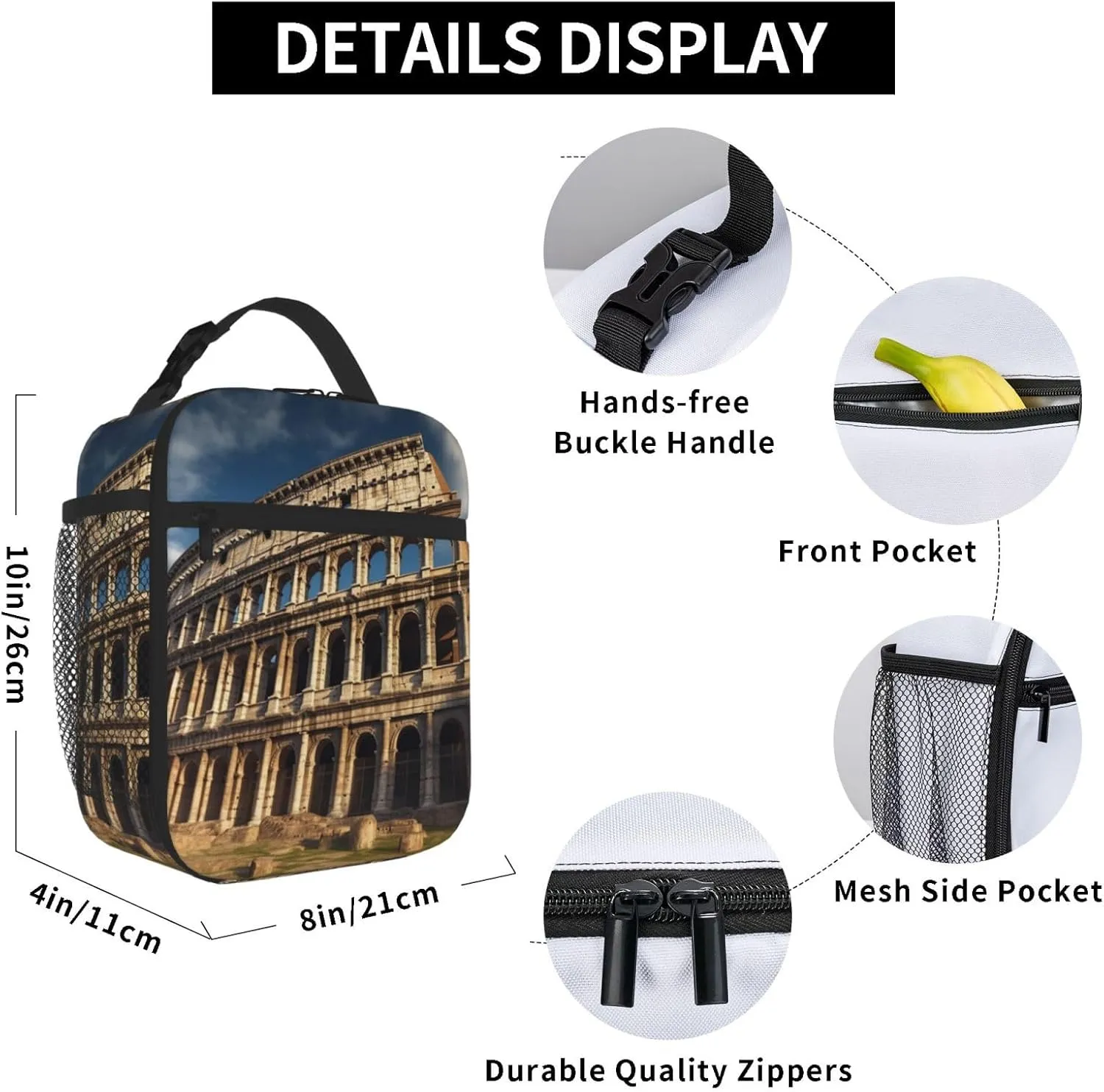Insulated Lunch Bag Lunch Box for Women Ancient architecture Lunch Box with Side Pocket Durable Reusable Lunch Tote bag