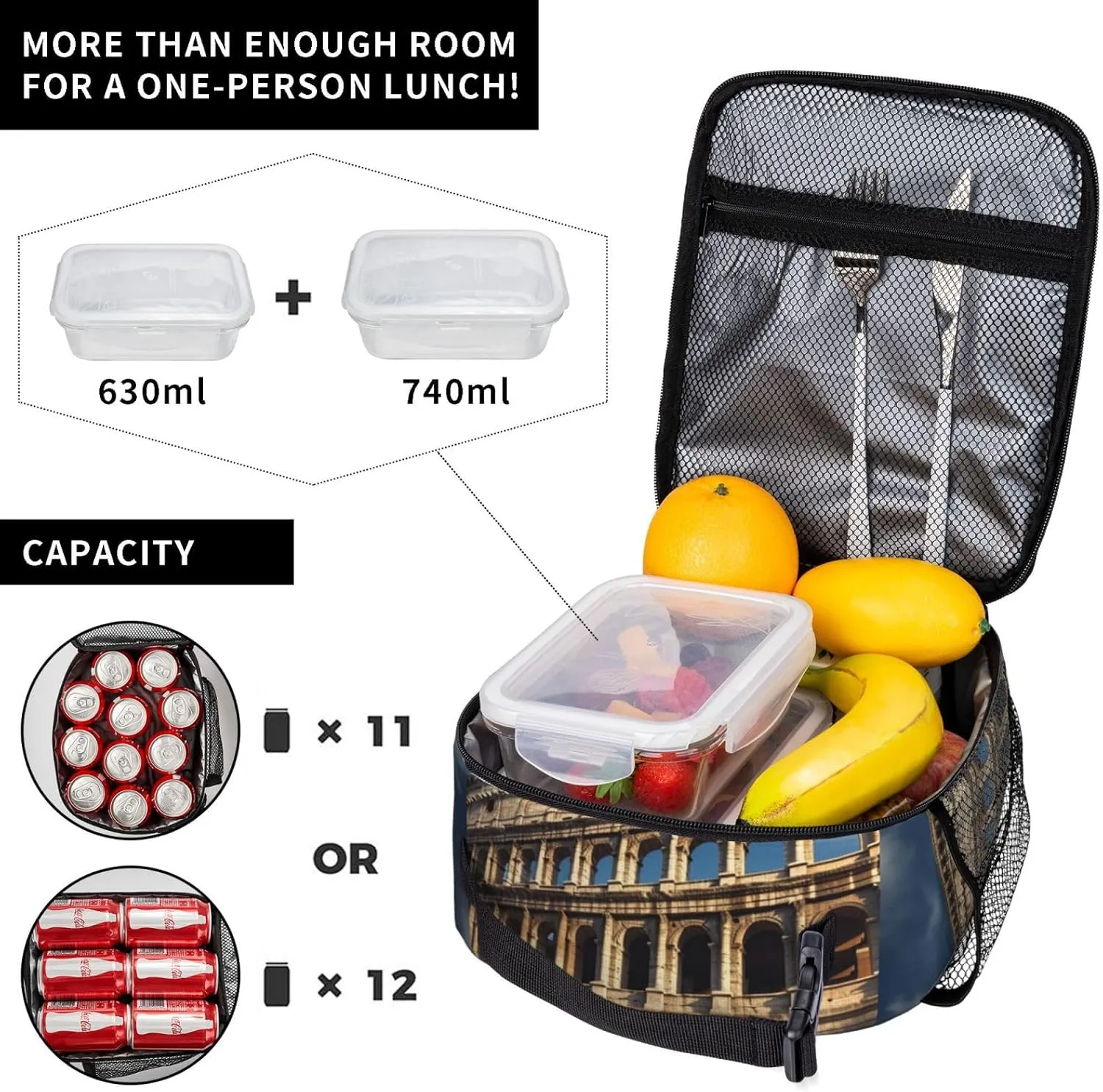 Insulated Lunch Bag Lunch Box for Women Ancient architecture Lunch Box with Side Pocket Durable Reusable Lunch Tote bag