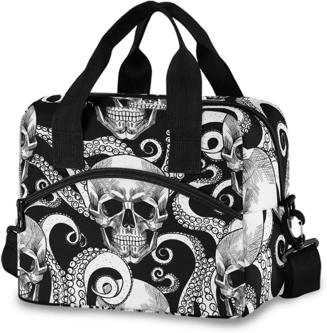 Insulated Lunch Bag Reusable Cooler - Skull Octopus Lunch Box Adjustable Shoulder Strap for School Office Picnic Adults Men Women