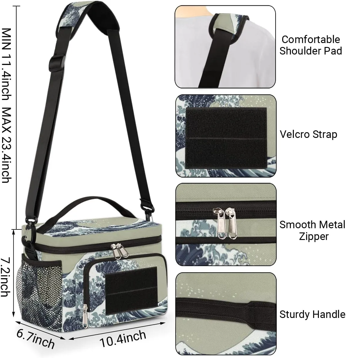 Insulated Lunch Bag Women/Men,With Side Pockets And Shoulder Strap,Lunch Cooler Bag Lunch Cooler for Women Men Work-Kanagawa Surf Lane