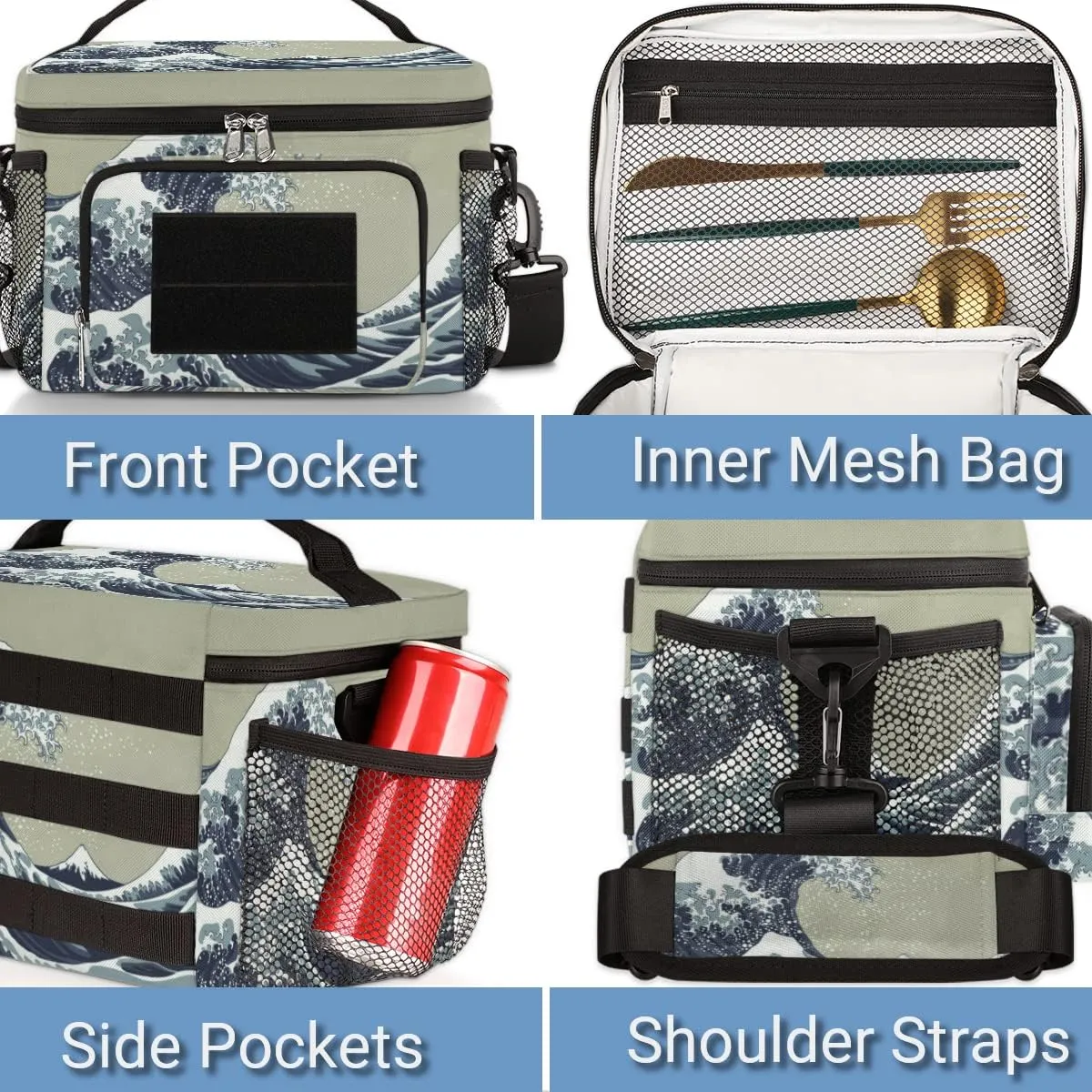 Insulated Lunch Bag Women/Men,With Side Pockets And Shoulder Strap,Lunch Cooler Bag Lunch Cooler for Women Men Work-Kanagawa Surf Lane
