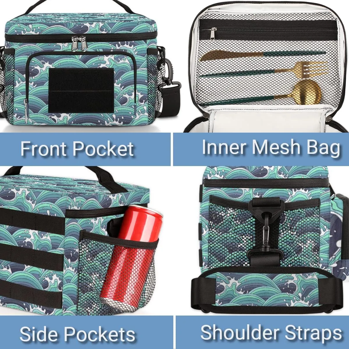 Insulated Lunch Bag Women,With Side Pockets And Shoulder Strap,Reusable Leakproof Cooler Thermal Lunch Box for Work,Travel,Picnic-Cartoon Kanagawa Surf Lane Wave