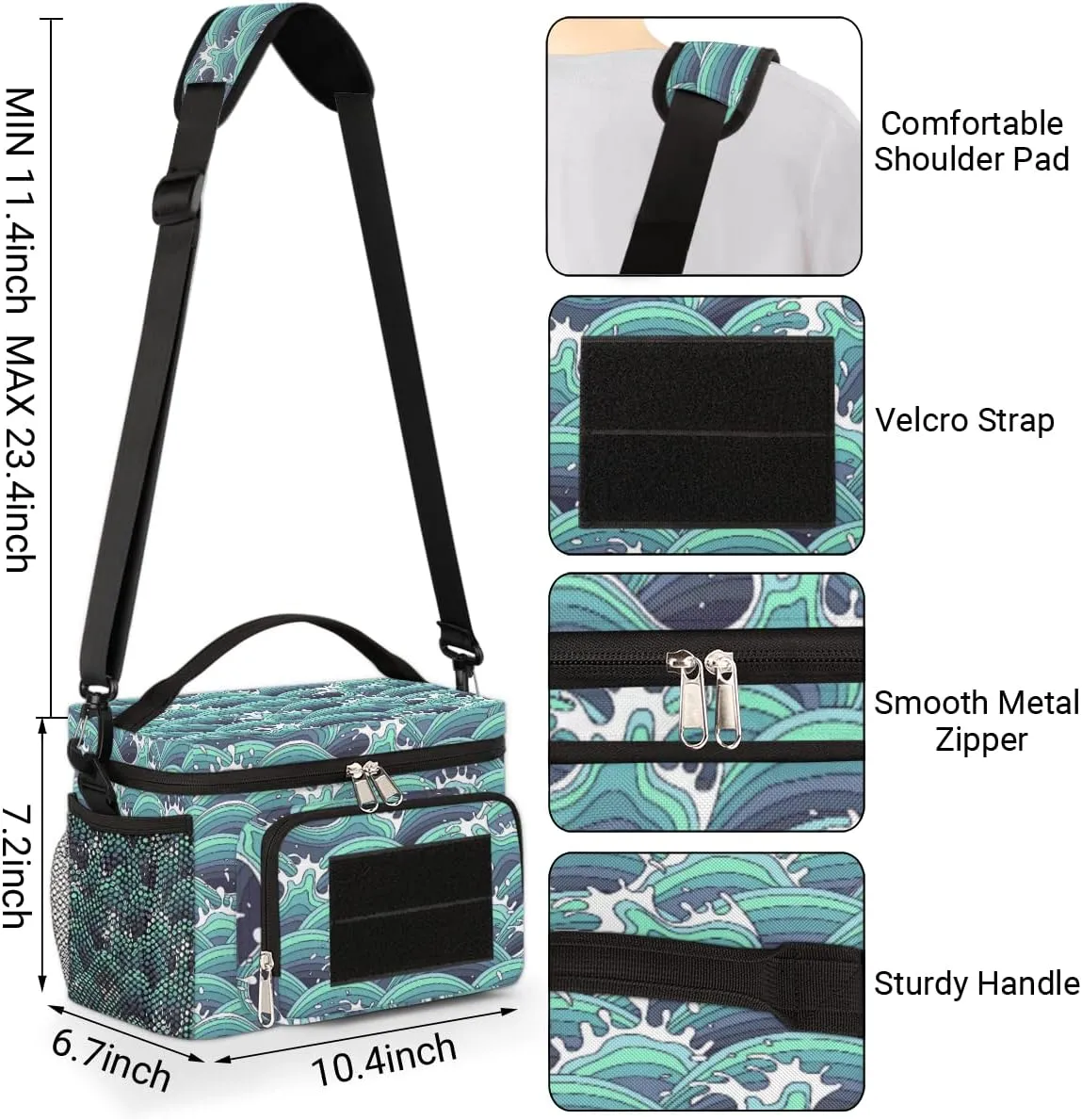 Insulated Lunch Bag Women,With Side Pockets And Shoulder Strap,Reusable Leakproof Cooler Thermal Lunch Box for Work,Travel,Picnic-Cartoon Kanagawa Surf Lane Wave