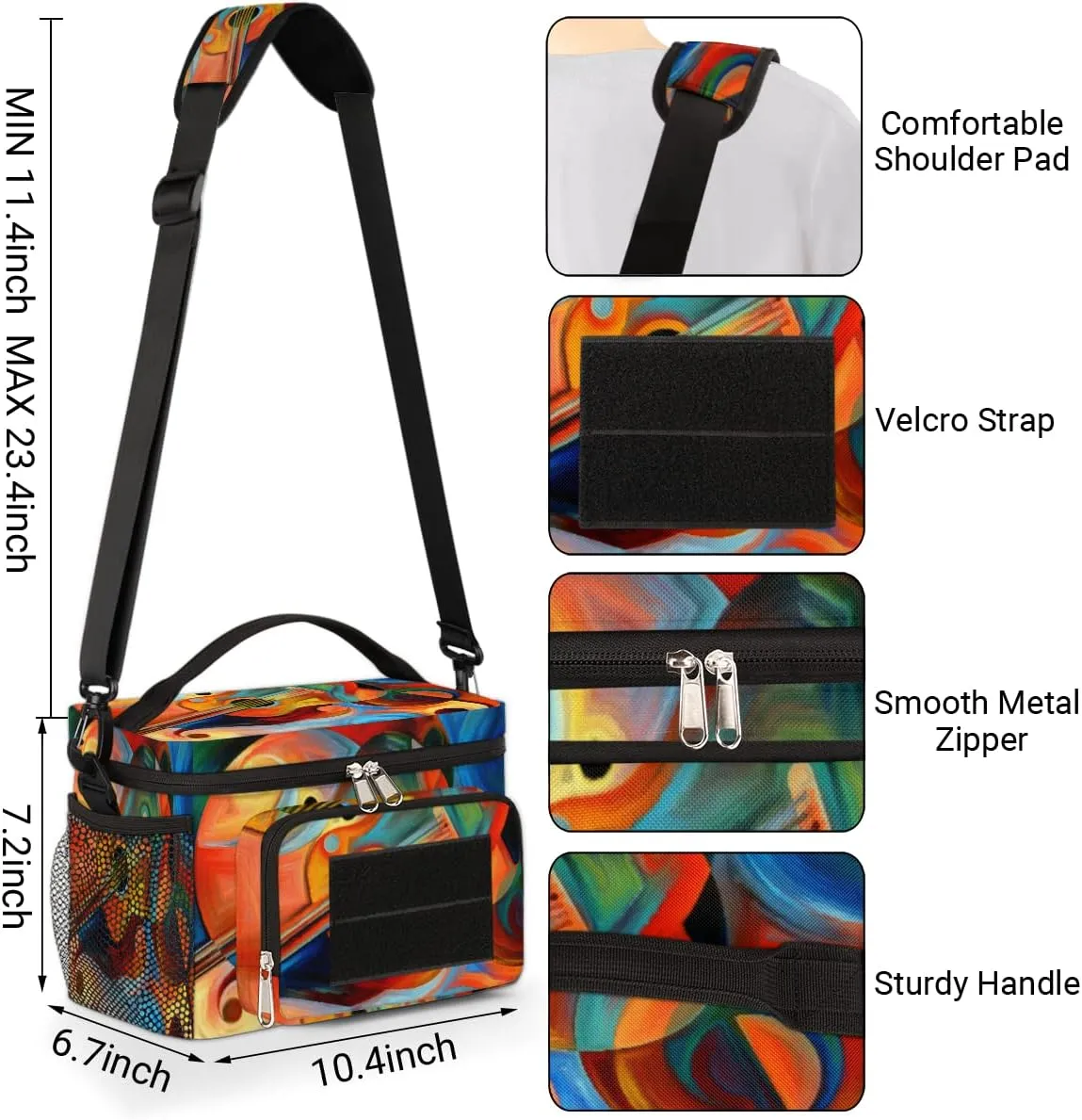 Insulated Reusable Lunch Bag for Women/Men,With Side Pockets And Shoulder Strap,Durable Lunch Tote Bag for Picnic Beach-Abstract Music and Rhythm