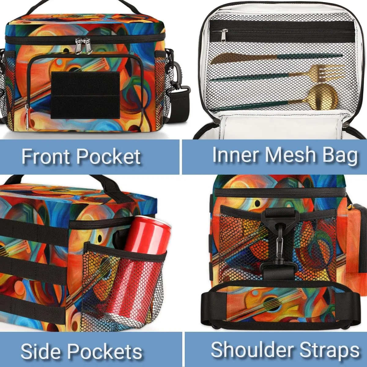 Insulated Reusable Lunch Bag for Women/Men,With Side Pockets And Shoulder Strap,Durable Lunch Tote Bag for Picnic Beach-Abstract Music and Rhythm
