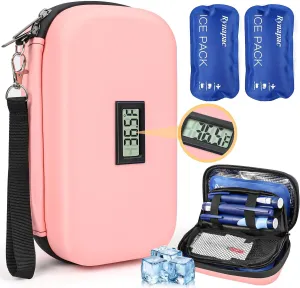 Insulin Cooler Travel Case - TSA Approved Medication Diabetic Cooler for Travel with Fahrenheit Temperature Display, Includes 2 Large Reusable Ice Packs, Essentials for Diabetics, Pink
