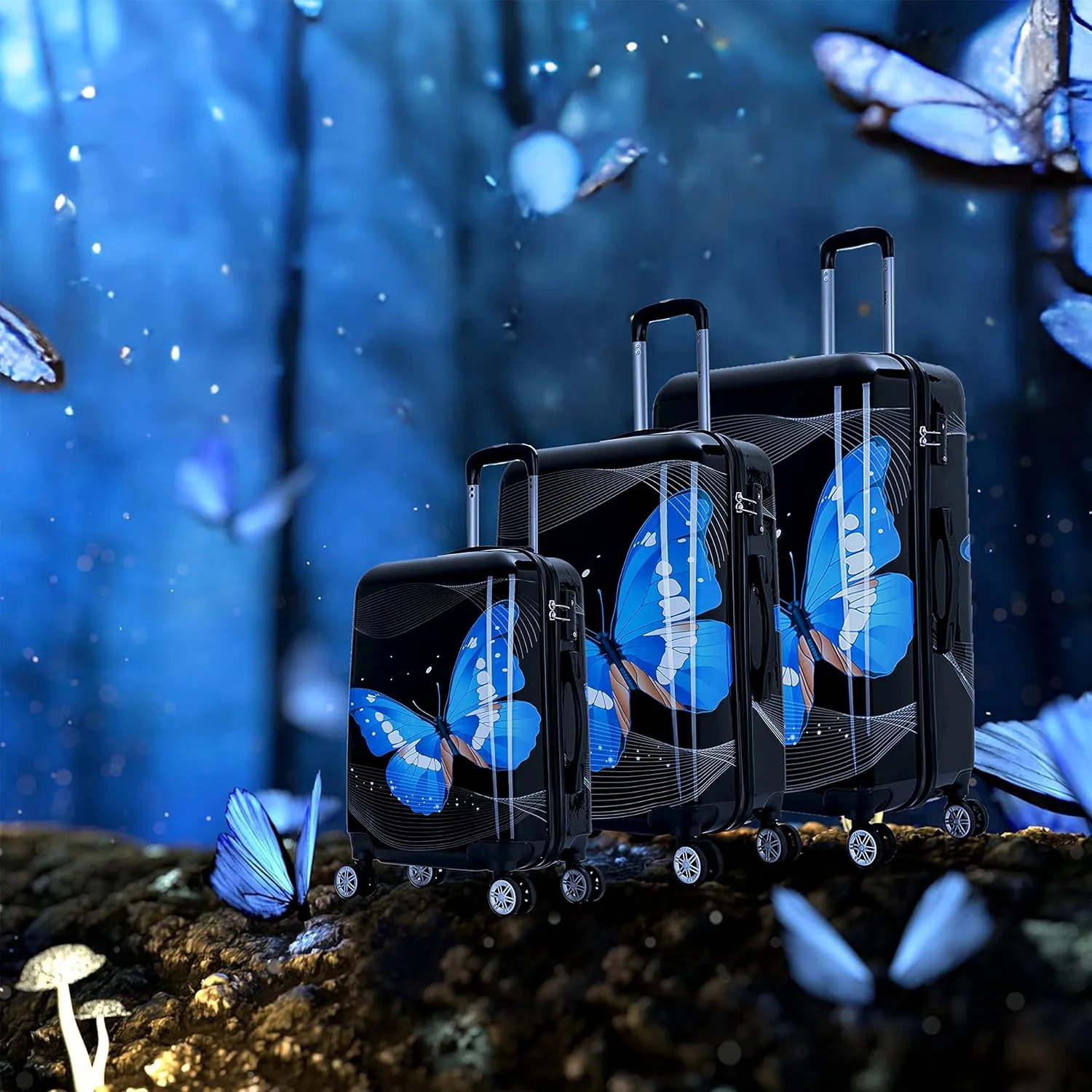 InUSA Black Butterfly Print Luggage with Spinner Wheels | Durable Lightweight Hardside Suitcase | Travel Bag with Handle and Trolley | (20in, 24in, 28in) 3 Piece Set