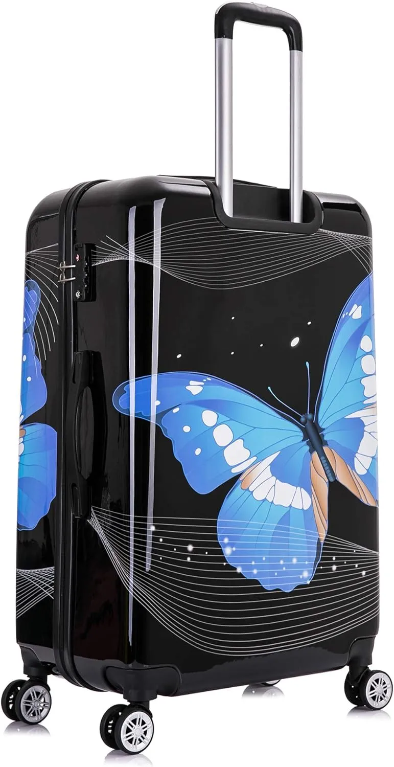 InUSA Black Butterfly Print Luggage with Spinner Wheels | Durable Lightweight Hardside Suitcase | Travel Bag with Handle and Trolley | (20in, 24in, 28in) 3 Piece Set