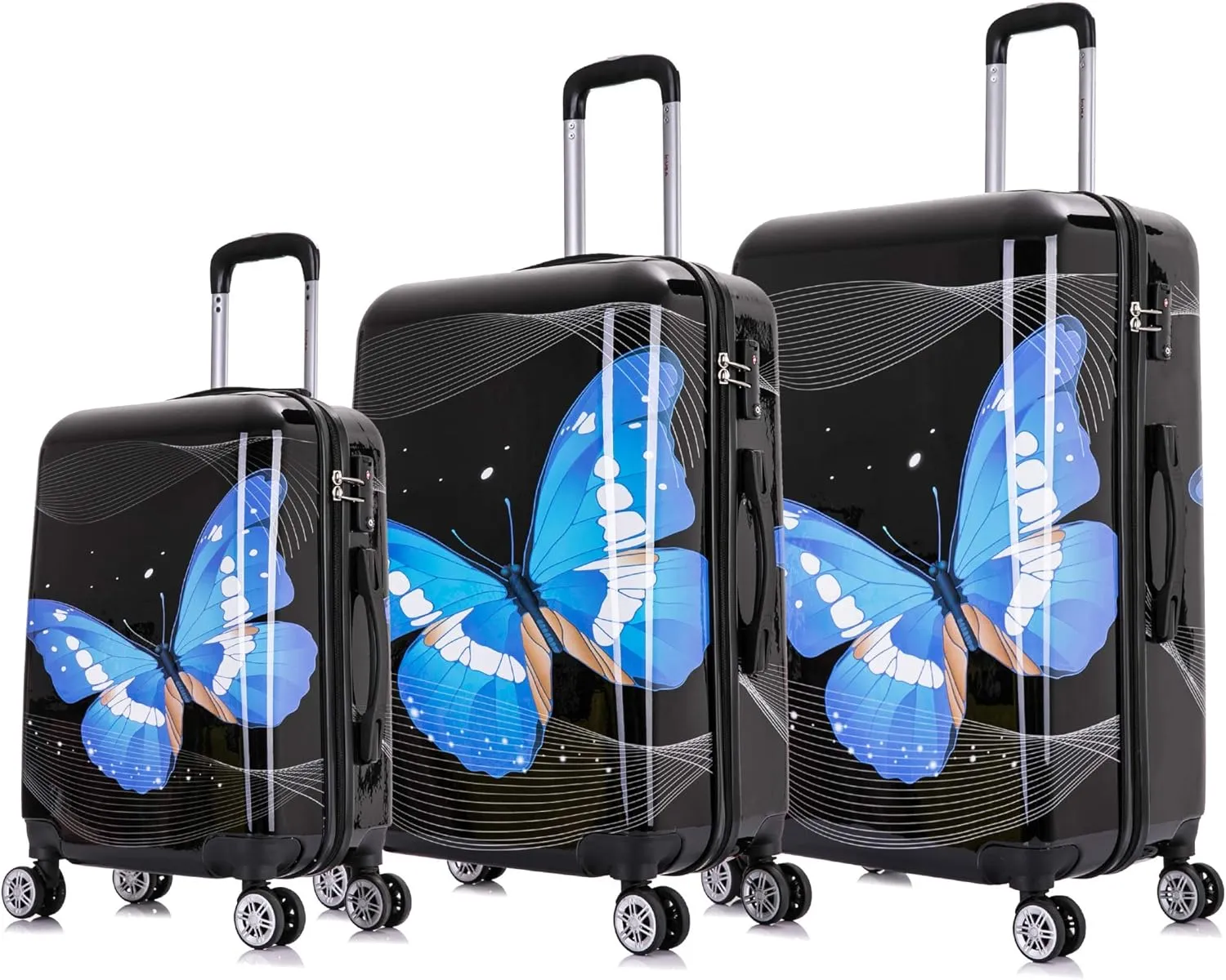 InUSA Black Butterfly Print Luggage with Spinner Wheels | Durable Lightweight Hardside Suitcase | Travel Bag with Handle and Trolley | (20in, 24in, 28in) 3 Piece Set