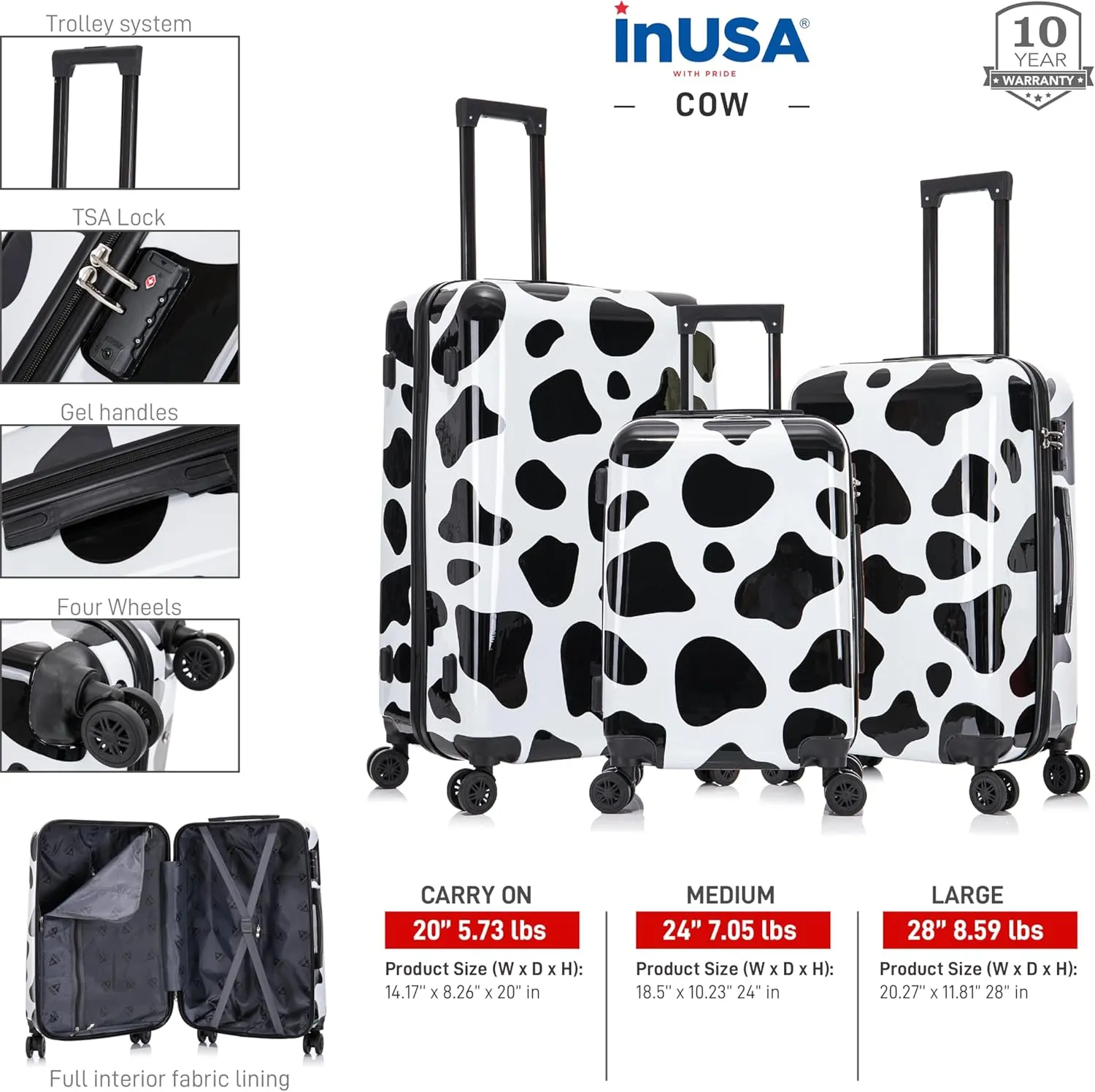 InUSA Cow Print Luggage with Spinner Wheels | Durable Lightweight Hardside Suitcase | Travel Bag with Handle and Trolley | (20in, 24in, 28in) 3 Piece Set