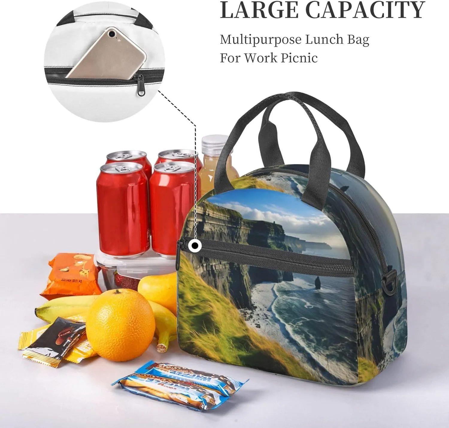 Ireland Outdoors County Clare The Cliffs Insulated Lunch Tote Bag Lunch Box For Women Men, Reusable Good For Daily Work Outings
