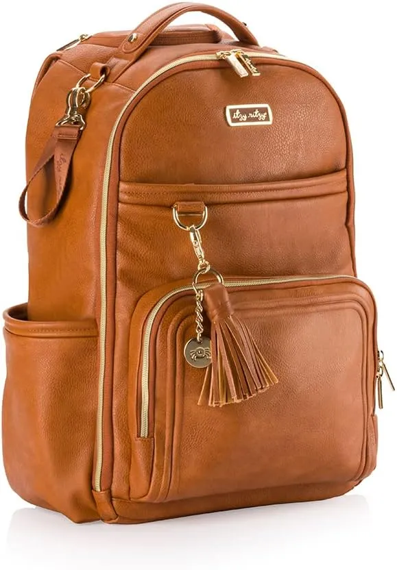 Itzy Ritzy Diaper Bag Backpack – Large Capacity Boss Plus Baby Backpack Diaper Bag Featuring 19 Pockets, Changing Pad, Stroller Clips, and Comfortable Backpack Straps, Cognac