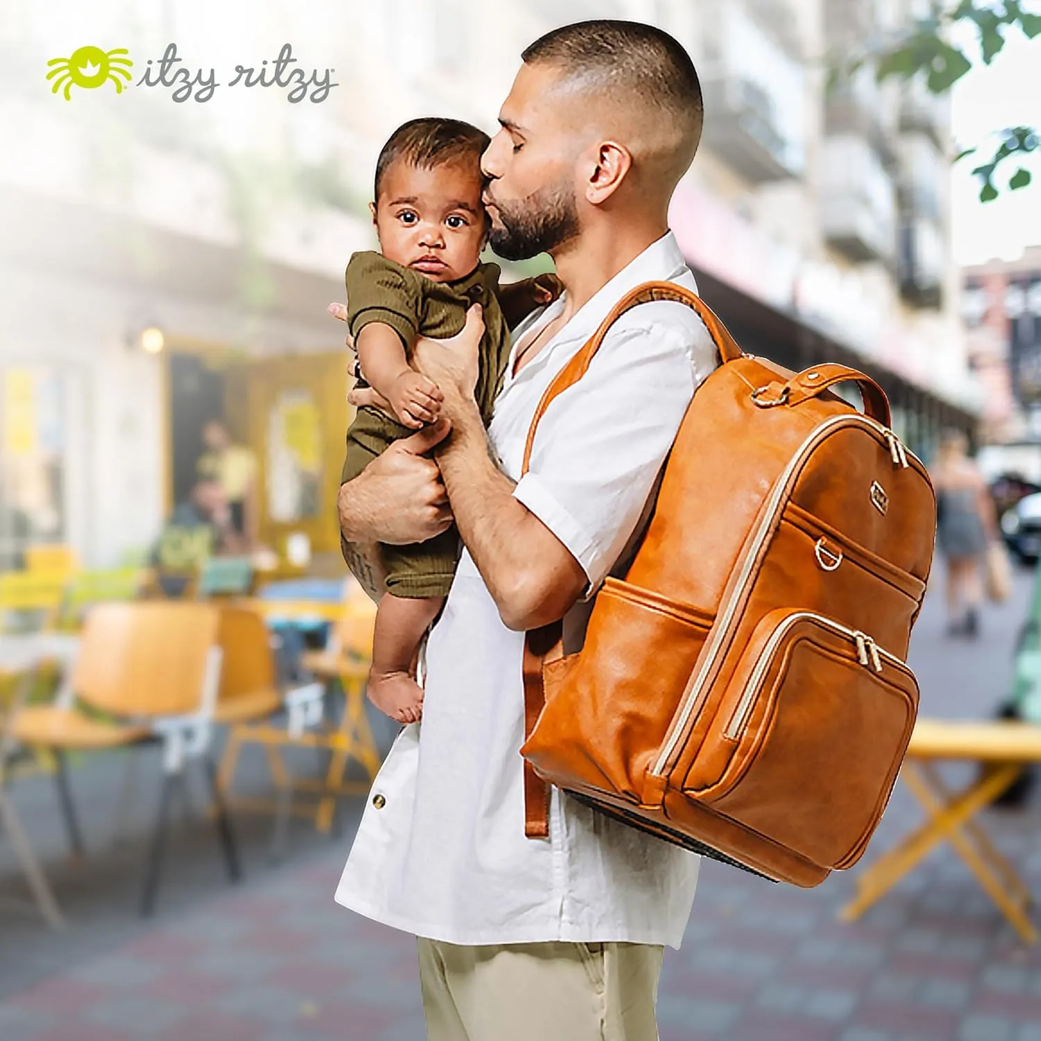 Itzy Ritzy Diaper Bag Backpack – Large Capacity Boss Plus Baby Backpack Diaper Bag Featuring 19 Pockets, Changing Pad, Stroller Clips, and Comfortable Backpack Straps, Cognac