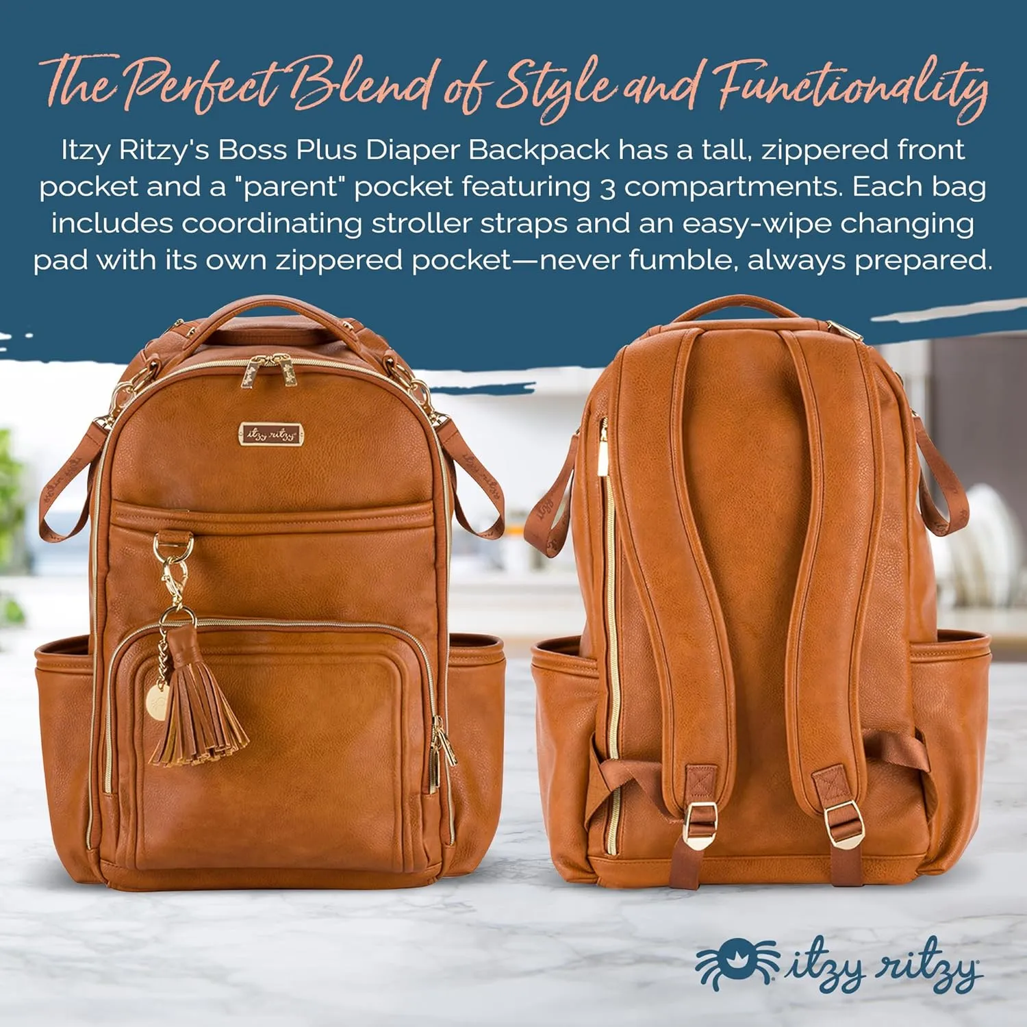 Itzy Ritzy Diaper Bag Backpack – Large Capacity Boss Plus Baby Backpack Diaper Bag Featuring 19 Pockets, Changing Pad, Stroller Clips, and Comfortable Backpack Straps, Cognac