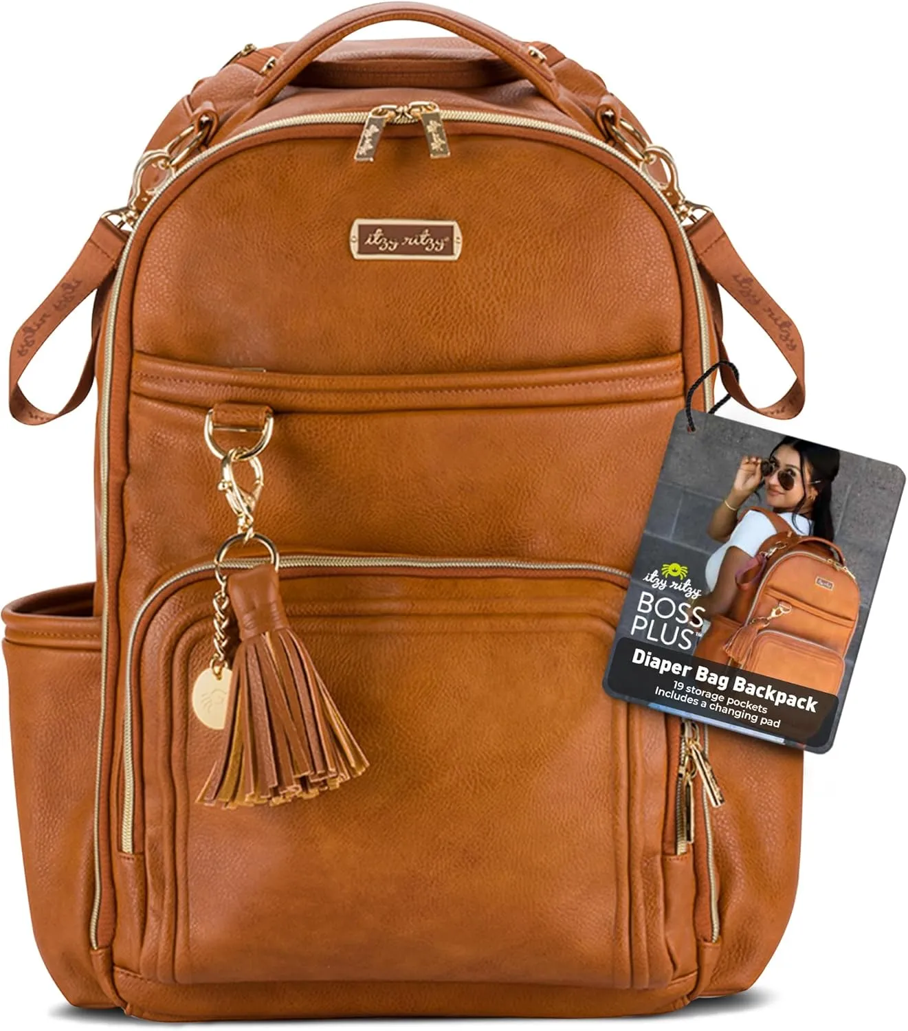 Itzy Ritzy Diaper Bag Backpack – Large Capacity Boss Plus Baby Backpack Diaper Bag Featuring 19 Pockets, Changing Pad, Stroller Clips, and Comfortable Backpack Straps, Cognac