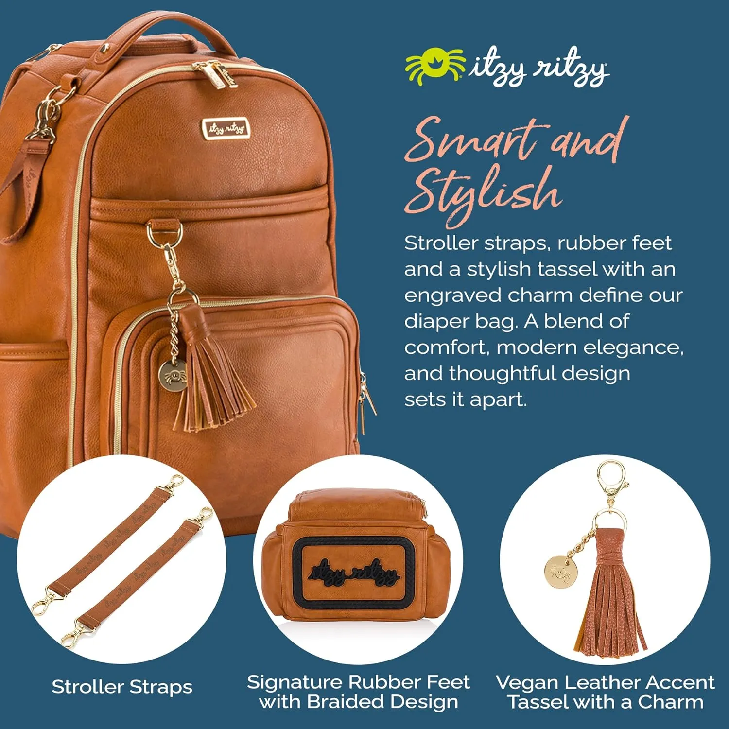 Itzy Ritzy Diaper Bag Backpack – Large Capacity Boss Plus Baby Backpack Diaper Bag Featuring 19 Pockets, Changing Pad, Stroller Clips, and Comfortable Backpack Straps, Cognac