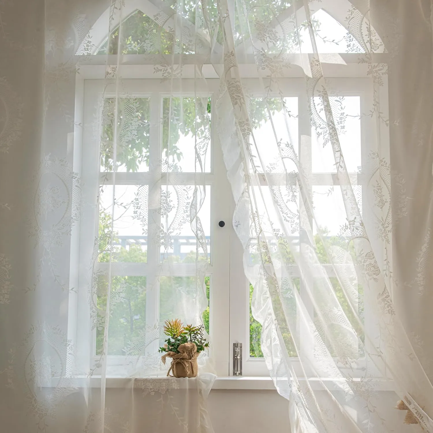 Ivory Lace Curtains 72 Inches Length for Kitchen Nursery Room, Sheer Victorian Florals Embroidery with Scalloped Edges, Window Treatments Country Pair Decor Rod Pocket, W57 x L72