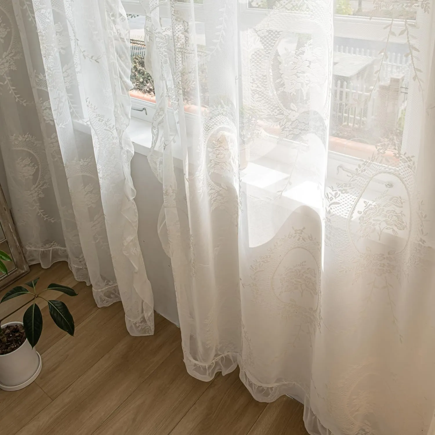 Ivory Lace Curtains 72 Inches Length for Kitchen Nursery Room, Sheer Victorian Florals Embroidery with Scalloped Edges, Window Treatments Country Pair Decor Rod Pocket, W57 x L72