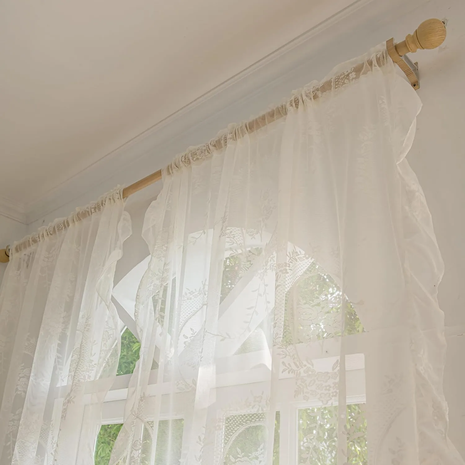 Ivory Lace Curtains 72 Inches Length for Kitchen Nursery Room, Sheer Victorian Florals Embroidery with Scalloped Edges, Window Treatments Country Pair Decor Rod Pocket, W57 x L72