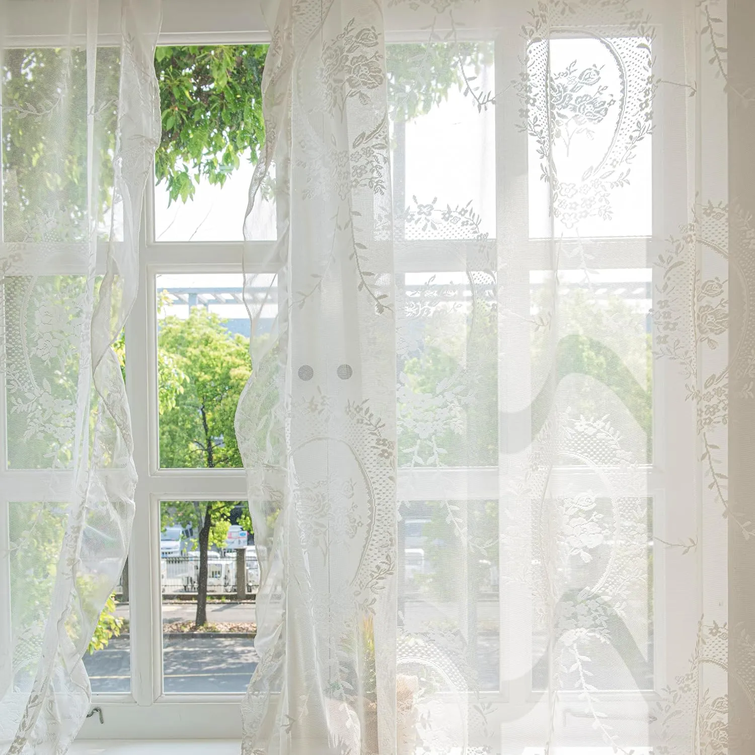 Ivory Lace Curtains 72 Inches Length for Kitchen Nursery Room, Sheer Victorian Florals Embroidery with Scalloped Edges, Window Treatments Country Pair Decor Rod Pocket, W57 x L72