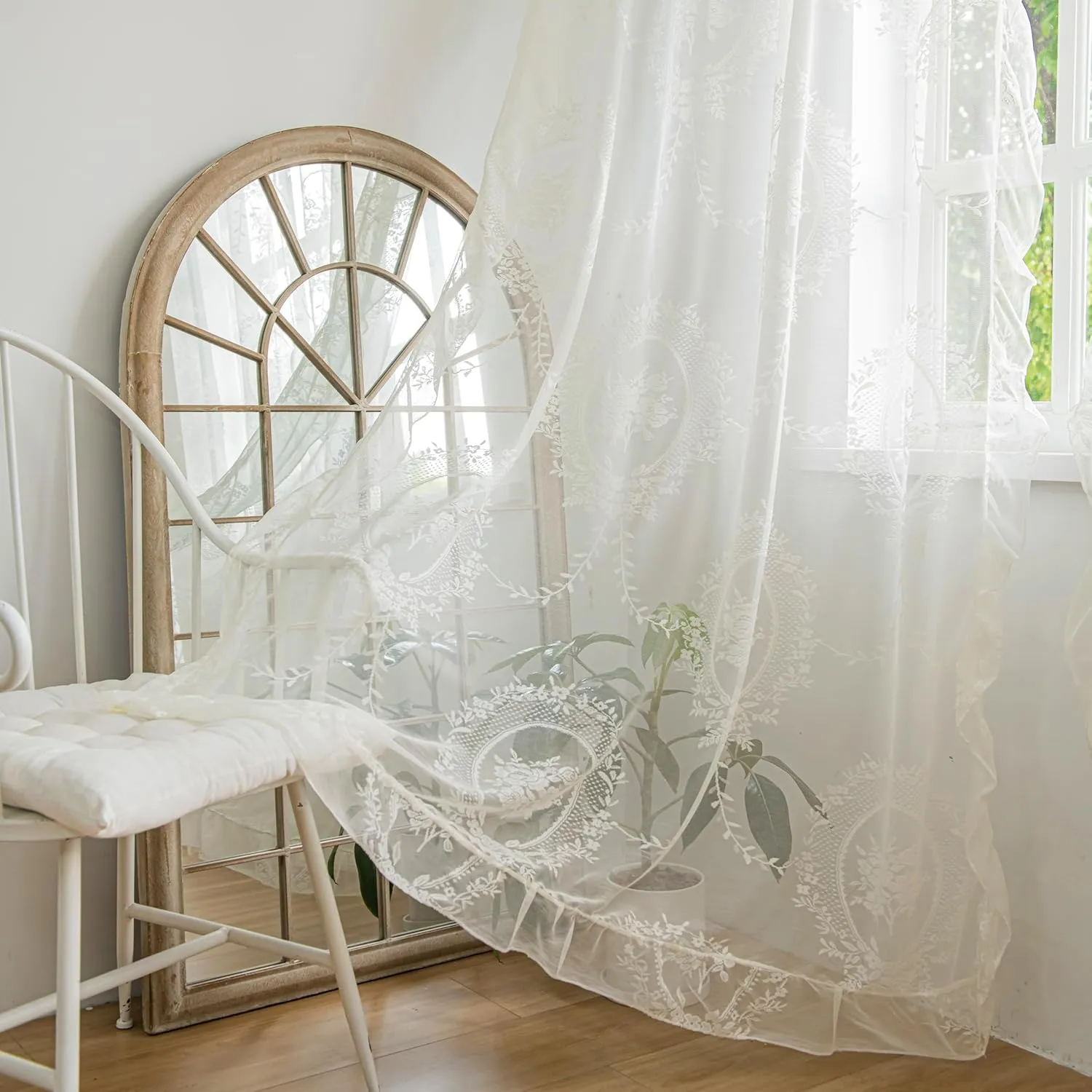 Ivory Lace Curtains 72 Inches Length for Kitchen Nursery Room, Sheer Victorian Florals Embroidery with Scalloped Edges, Window Treatments Country Pair Decor Rod Pocket, W57 x L72
