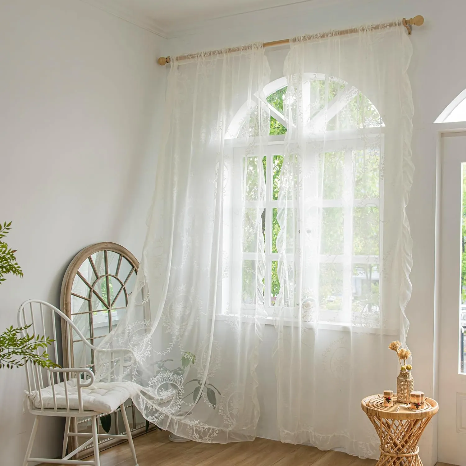 Ivory Lace Curtains 72 Inches Length for Kitchen Nursery Room, Sheer Victorian Florals Embroidery with Scalloped Edges, Window Treatments Country Pair Decor Rod Pocket, W57 x L72