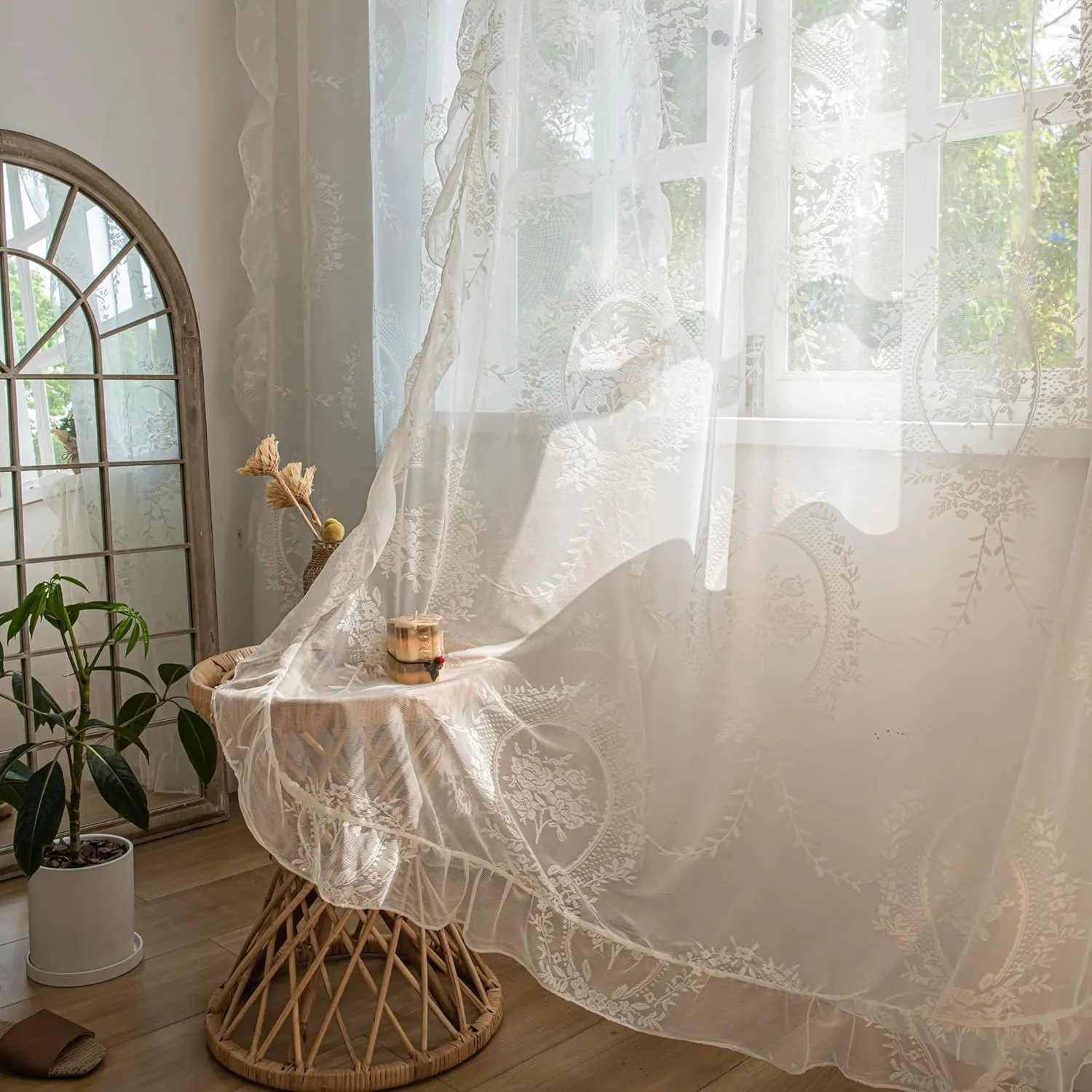 Ivory Lace Curtains 72 Inches Length for Kitchen Nursery Room, Sheer Victorian Florals Embroidery with Scalloped Edges, Window Treatments Country Pair Decor Rod Pocket, W57 x L72